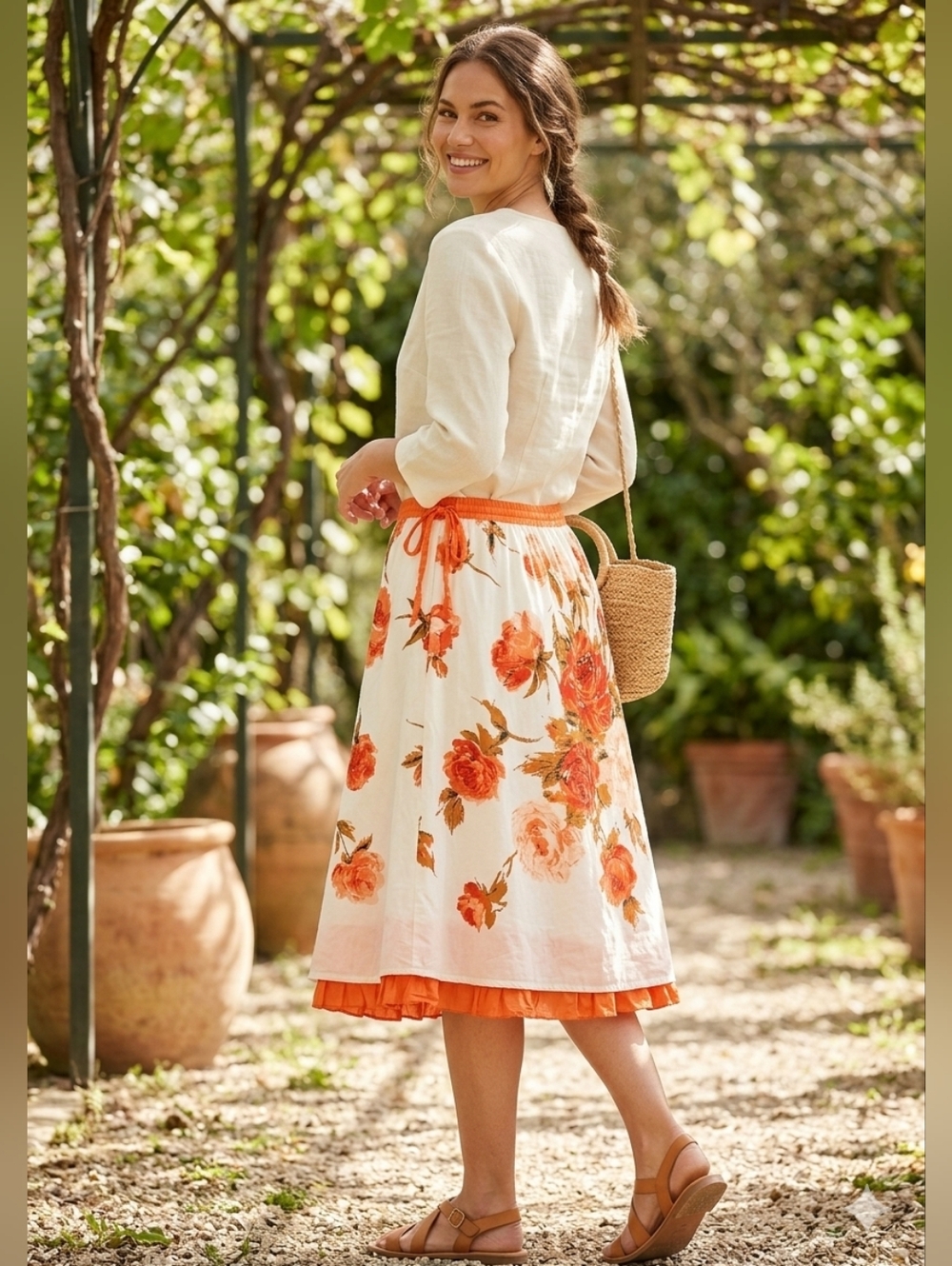 Garnet Hill Floral Midi Orange & Cream Rose Print Tie Waist Cotton XS Skirt